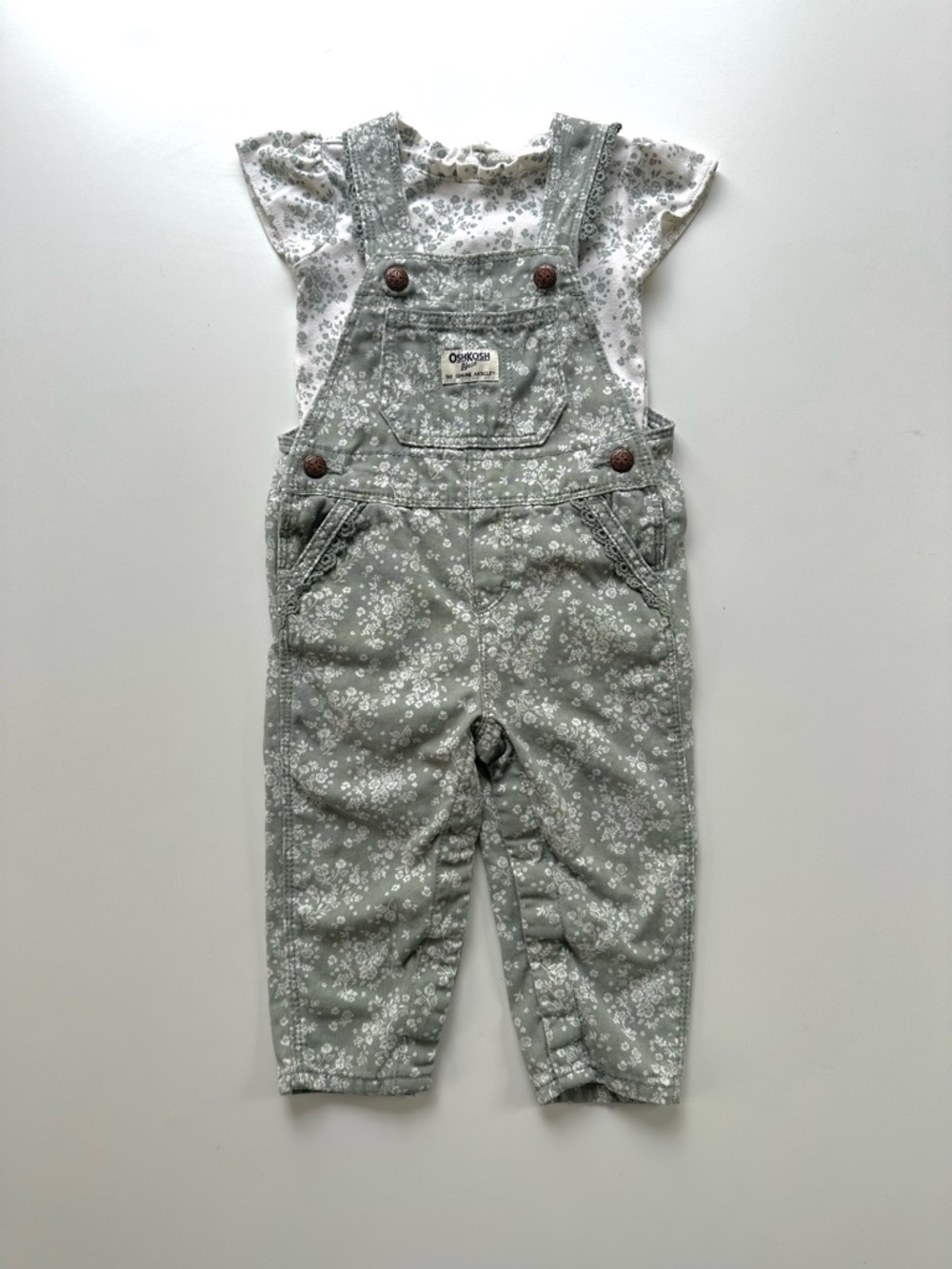 OshKosh Baby Girl Floral Print Overalls, Green, plus onesie, 12 months